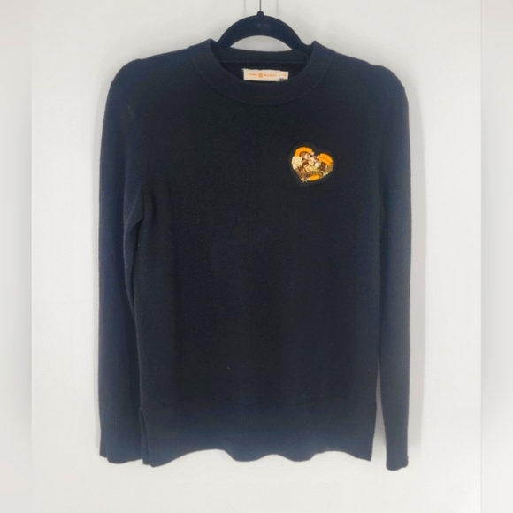 Tory Burch Heart Sequin Patch Sweater Womens S Black 100% Cashmere - Picture 1 of 4